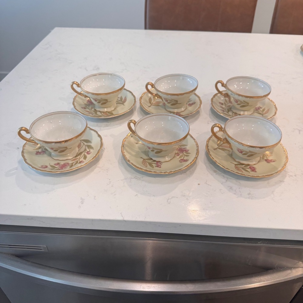 Royal Rose Tea Cup and Saucer Set Of 6 Floral Gold Trim Vintage Arnart Porcelain
